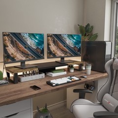 Westree Dual Monitor Stand Riser Wood And Steel Multi-Purpose Desktop Storage