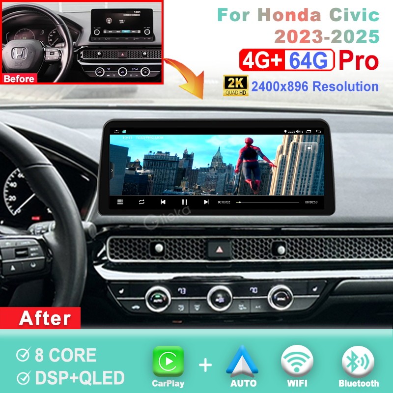 12.3 inch 2K Screen CarPlay Android For Honda Civic 2023-2025 Car Radio GPS BT