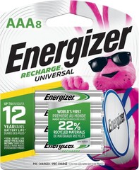 Recharge Universal Rechargeable AAA Batteries 8 Pack, Triple A Batteries