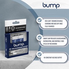 Bump 2 Pack 9 Volt Lithium Ion Rechargeable Batteries 650mAh USB-C Type Cable