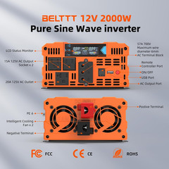 2000W Pure Sine Wave Inverter, Inverter 12V DC to 120V AC for Solar, RV, Truck,