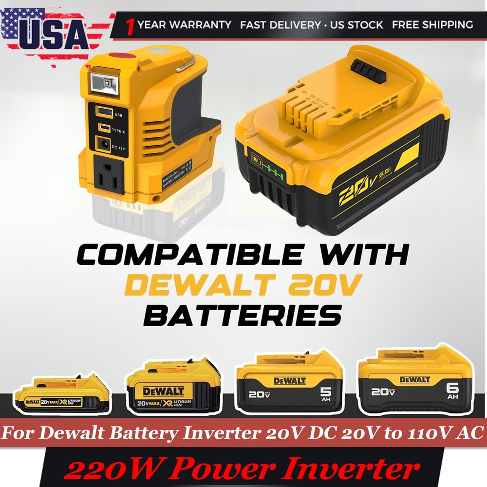 For DeWalt DCB205 20V Max 5.0AH Lithium Battery+Power Inverter 220W USB-C w/LED