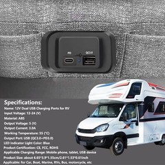 12-24V 4.8A Dual USB PD QC3.0 Car Boat RV Charger Socket LED Power Outlet