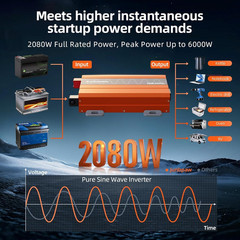 2080W Pure Sine Wave Inverter, 12V DC to 110V/120V AC, 6000W Peak, 5V/2.1A USB,