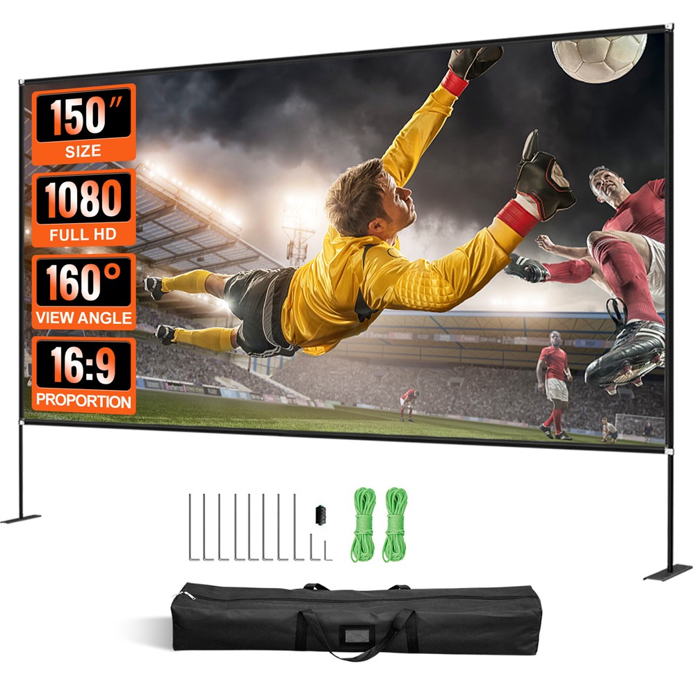 VEVOR Outdoor Movie Screen w/ Stand Portable Projector Screen 150″ 16:9 HD 4K