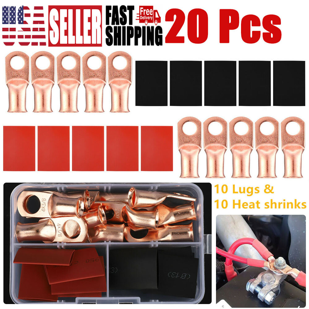4 AWG Gauge Copper Lugs w/ BLACK & RED Heat Shrink End Ring Terminals Wire 20Pcs