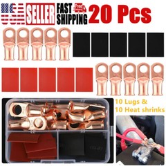 4 AWG Gauge Copper Lugs w/ BLACK & RED Heat Shrink End Ring Terminals Wire 20Pcs