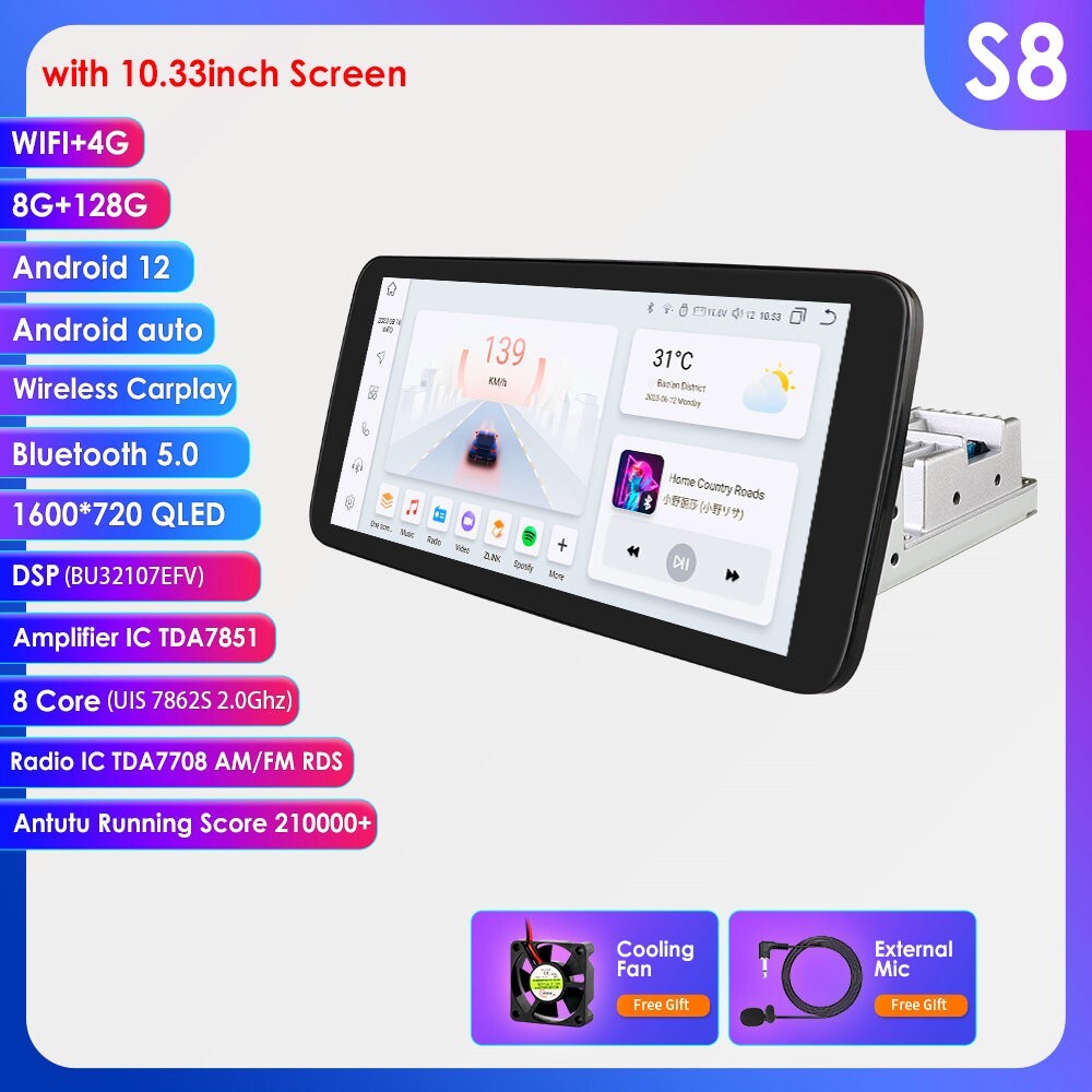 8+128GB 10.33″ Android 12 Rotatable 1 DIN Car Stereo Radio WiFi GPS Navi CarPlay