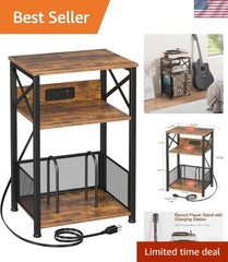 Rustic Brown Turntable Stand with Storage for Over 100 Records & USB Charging