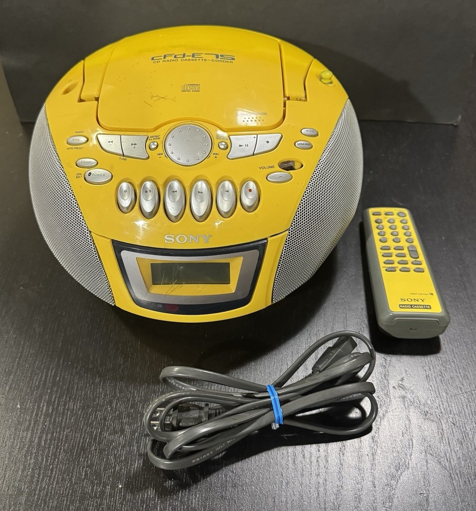Sony CFD-E75 Yellow Portable AM/FM CD Cassette Radio Works Tested With Remote