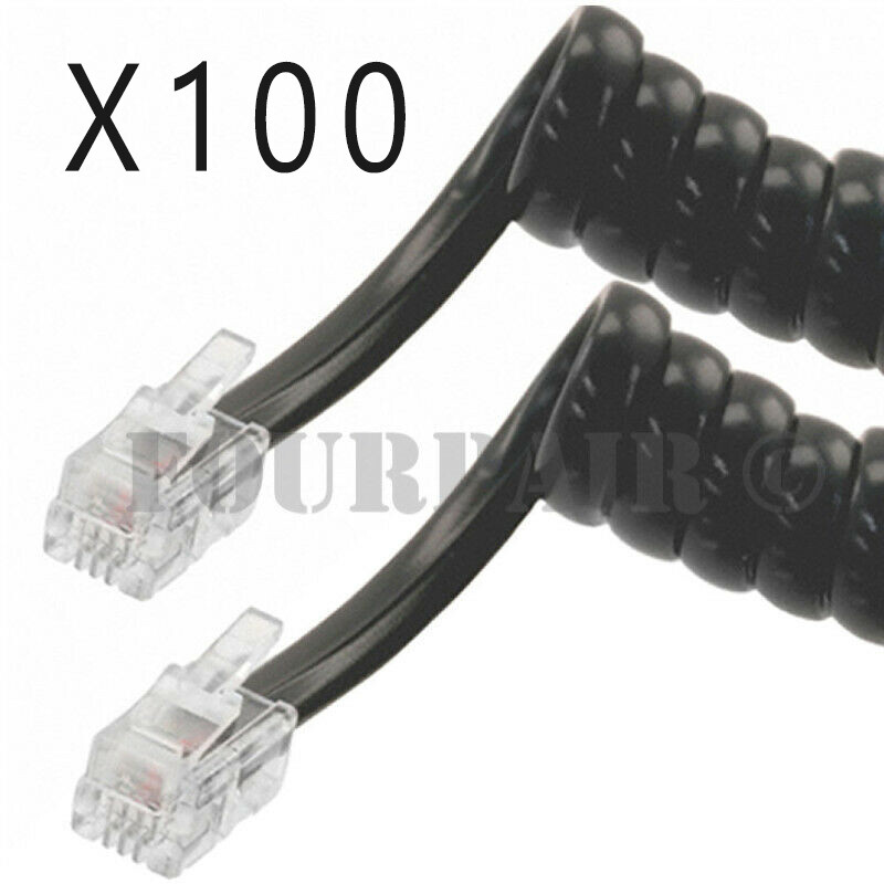 100 Pack Lot – 15ft Telephone Handset Receiver Cord Phone Coil Cable 4P4C Black