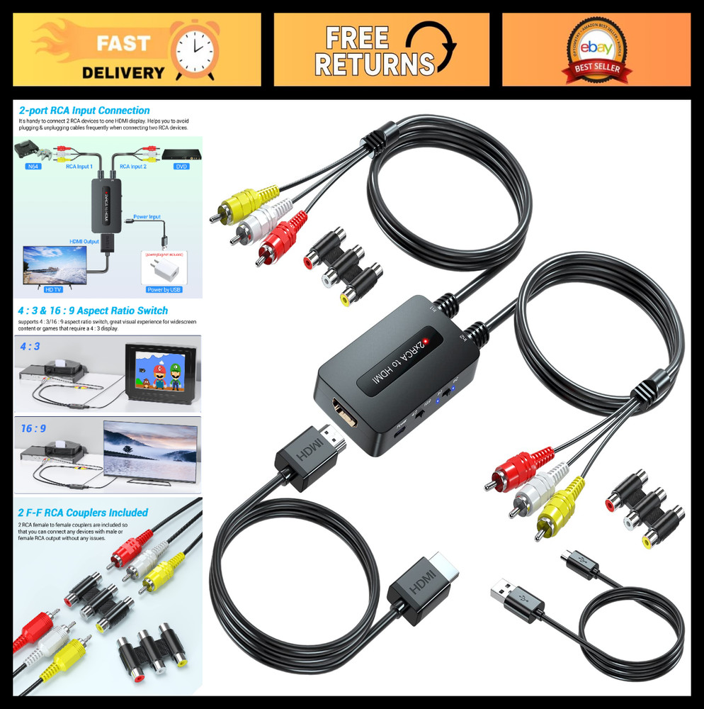 Dual Port RCA to HDMI Converter – 2 Composite AV to HD Output for N64/Wii/PS2/DV