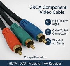 6 Ft 3 Wire RCA Premium In-Wall Component Video Cable 24k Gold Plated Tips