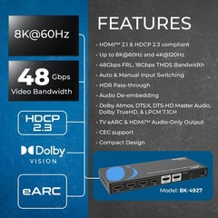 OREI 8K@60Hz 4-port HDMI™ Switch (HDMI Audio, 3.5mm, Optical) (BK-4927)