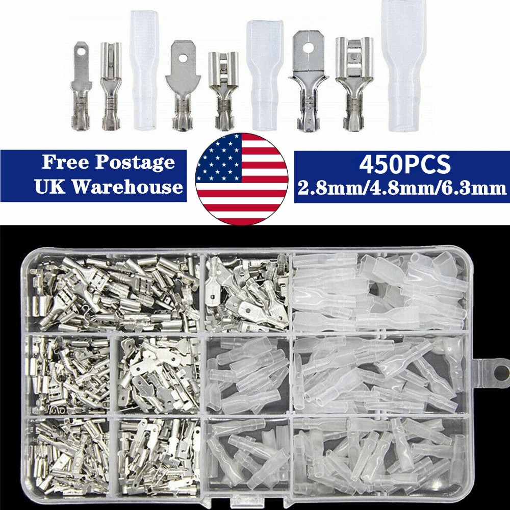 450PCS Female Male Spade Connectors Wire Crimp Terminals Set 2.8mm/4.8mm/6.3mm