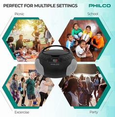 Philco Portable CD Player Boombox with Speakers, Radio, CD, 3.5mm Aux, LED