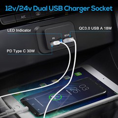 QC3.0+PD 12V/24V LED USB Car Fast Charger Socket Power Outlet Waterproof Boat RV