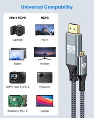 Micro HDMI to HDMI Cable 6FT 4K@60Hz 2K@165Hz Nylon Braided HDR ARC 3D for Pi/PC