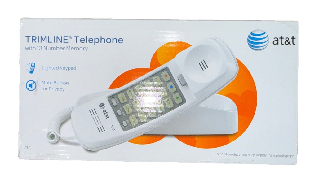 Vintage AT&T 210 Corded Trimline Telephone Illuminated Keypad White Memory