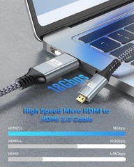 Micro HDMI to HDMI Cable 6FT 4K@60Hz 2K@165Hz Nylon Braided HDR ARC 3D for Pi/PC