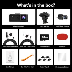 REDTIGER A8 64GB Card 4K Dash Cam Front and Rear,Touch Screen,Loop Recording