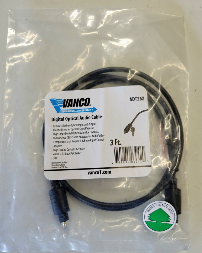 Vanco Digital Optical Audio Cable ADT36X NEW