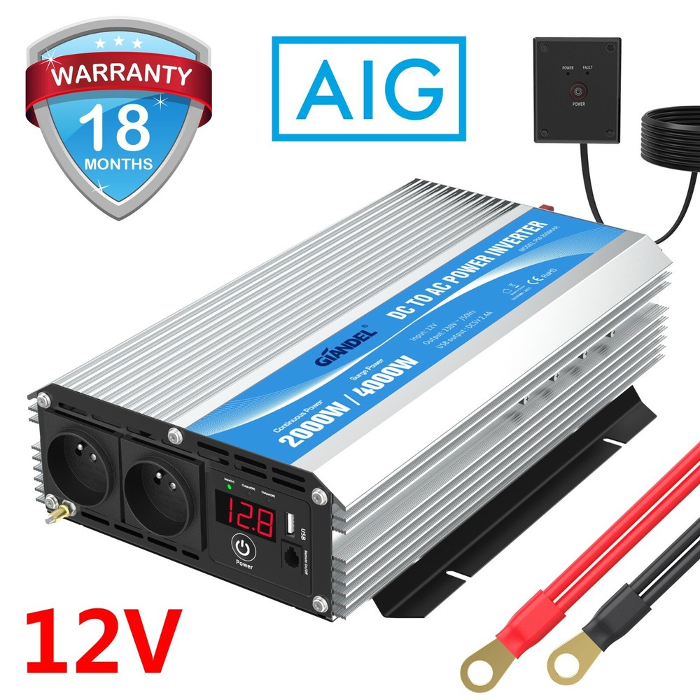 GIANDEL Power Inverter 2000 Watts DC 12V to AC 230V 240V with Dual FR Sockets