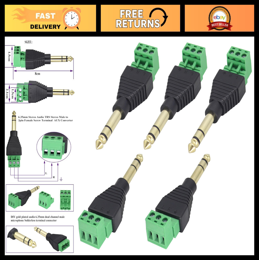 “6.35mm TRS Audio Screw Terminal Block Adapter – 3 Pin Female Connector, 5 Pack”