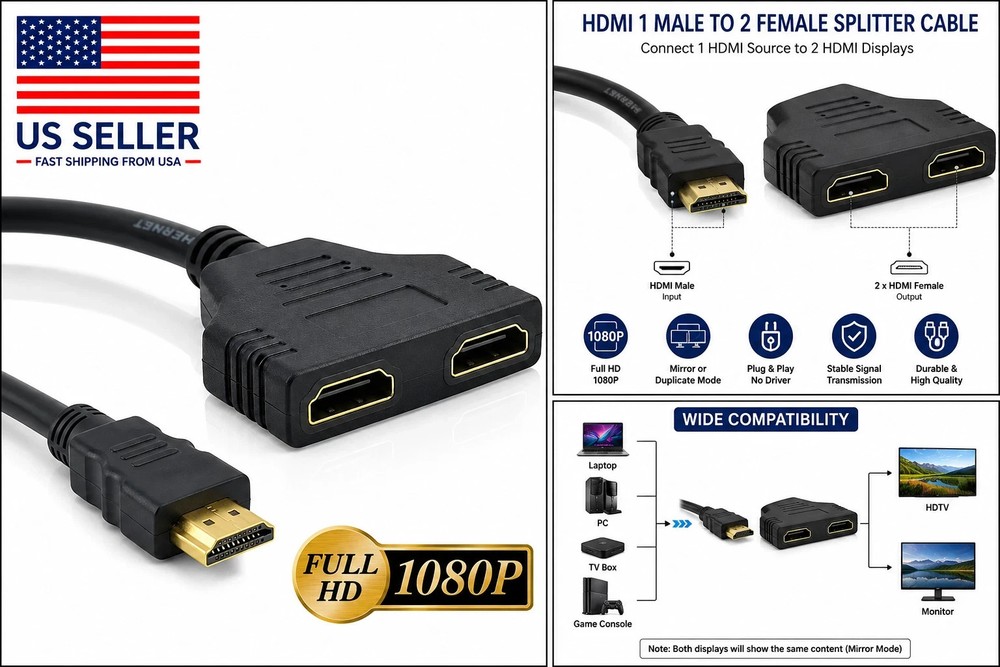 4K HDMI Cable Splitter Adapter 2.0 Converter 1 In 2 Out 1 Male to 2 Female lot