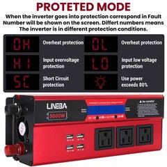 Car Power Inverter 5000W DC 12V To AC 110V Pure Sine Wave Solar Converter 4 USB