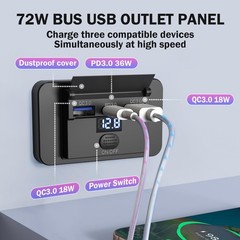 Upgraded 12V USB Outlet 72W Dual QC 3.0 18W and Type C 36W Car Port Black