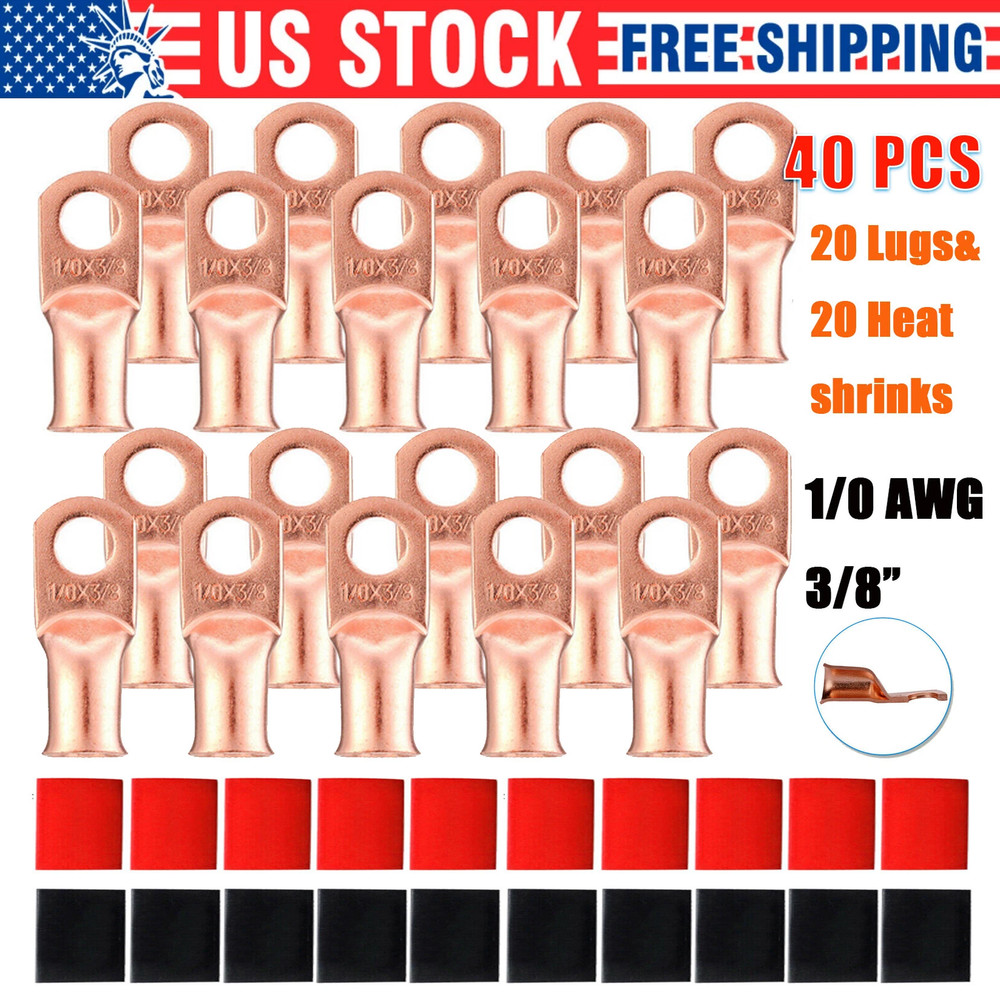 40 pcs 1/0 AWG Gauge Copper Lugs w/ BLACK & RED Heat Shrink Ring Terminals Set
