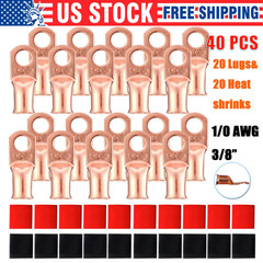 40 pcs 1/0 AWG Gauge Copper Lugs w/ BLACK & RED Heat Shrink Ring Terminals Set