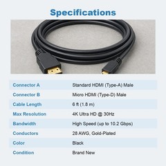 6FT Micro HDMI Type D to HDMI Cable 4K Cord for Tablet Laptop Lenovo Yoga ASUS