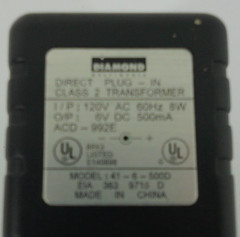 Diamond Direct Plug-In Class 2 Transformer 120V AC 60Hz 6 Volts DC 500 mA