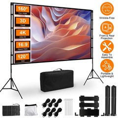 120″ Projector Screen w/ Stand 16:9 4K HD Rear Front Wrinkle-Free Portable