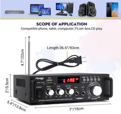 Amplificador Bluetooth 5.0 de 2 canales con USB, FM, RCA y mando a distancia.