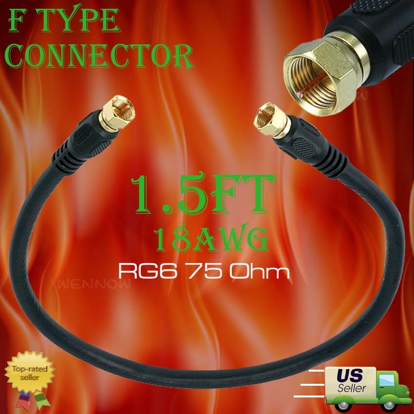 1.5ft RG6 (18AWG) 75Ohm, Quad Shield, CL2 Coaxial Cable with F Type Connec