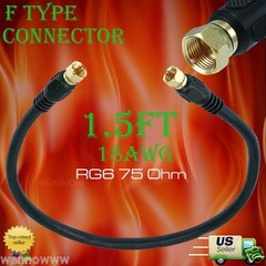 1.5ft RG6 (18AWG) 75Ohm, Quad Shield, CL2 Coaxial Cable with F Type Connec
