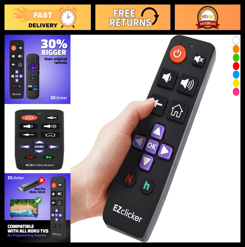 Universal Big Button Remote for Roku TVs – Easy to Use, Not for Stick/Box, Black