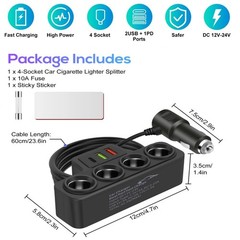 120W Car Charger 4 Socket 3 USB [QC+PD Fast Charging] for Phone Laptop Tire Pump
