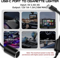 USB C Male to 12V Cigarette Lighter Socket Adapter 12V 18W Power Cable for Dash