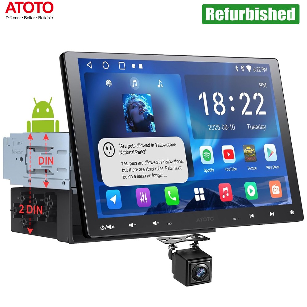 ATOTO Android Single 1DIN 10.1″ Car Stereo GPS Radio Floating QLED Screen+Camera
