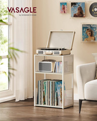 Record Player Stand 3 Tier Vinyl Storage Side Table Holds 100 Albums Rustic Whit