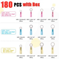 180Pcs Heat Shrink Wire Crimp Connectors AWG 22-10 Ring Terminals Waterproof Kit