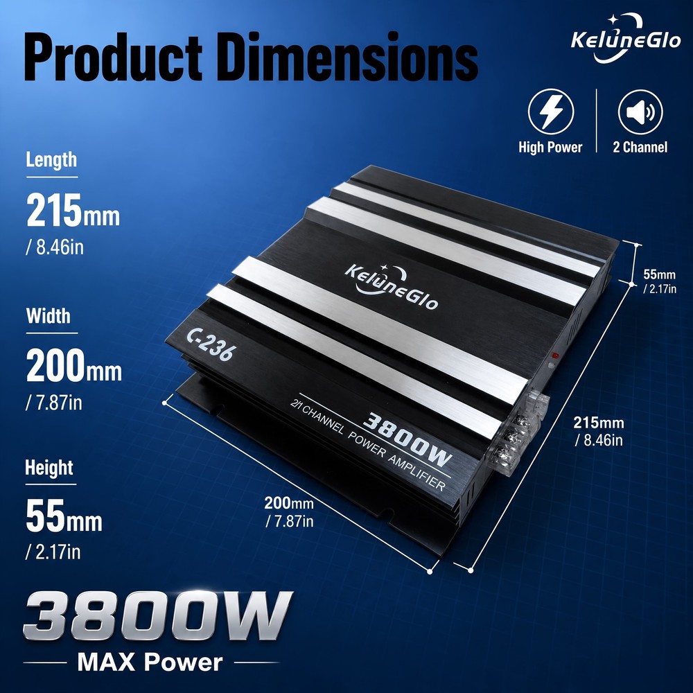 Car Audio Amplifier 3800W 2 Channel Full Range Vehicle Subwoofer Speaker System