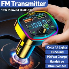 Wireless Bluetooth 5.0 Car Hands-Free FM Transmitter Adapter 2USB PD Charger AUX
