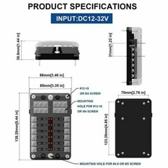 12-Way Blade Fuse Box Block Holder LED Indicator 12V 32V Auto Marine Waterproof