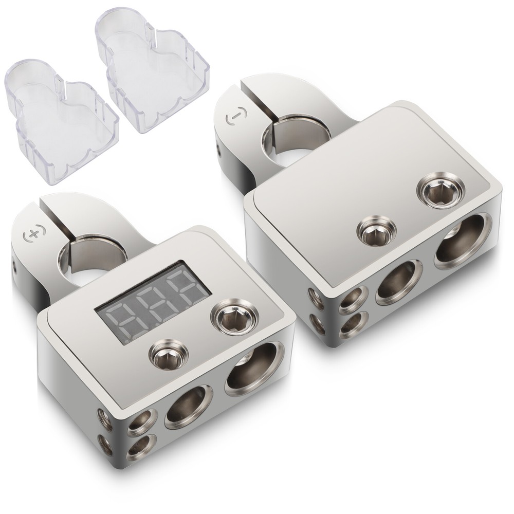 Car Battery Terminal Connectors Kit w/ Digital Voltmeter Display 0/4/8 AWG Gauge