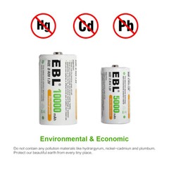 EBL C D Size Rechargeable Batteries C D Cell 1.2V 500Omah-1O000mAh/ Charger LOT